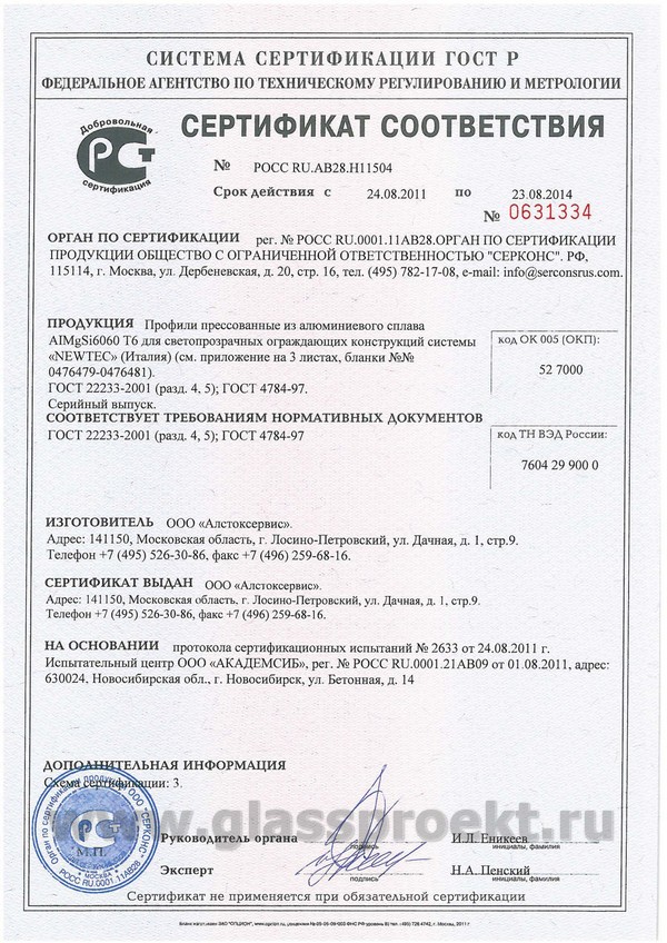 Сертификат соответствия профиля NewTec